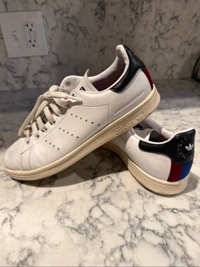 adidas by Stella McCartney White Leather Sneakers with Black & Red/Blue Heel